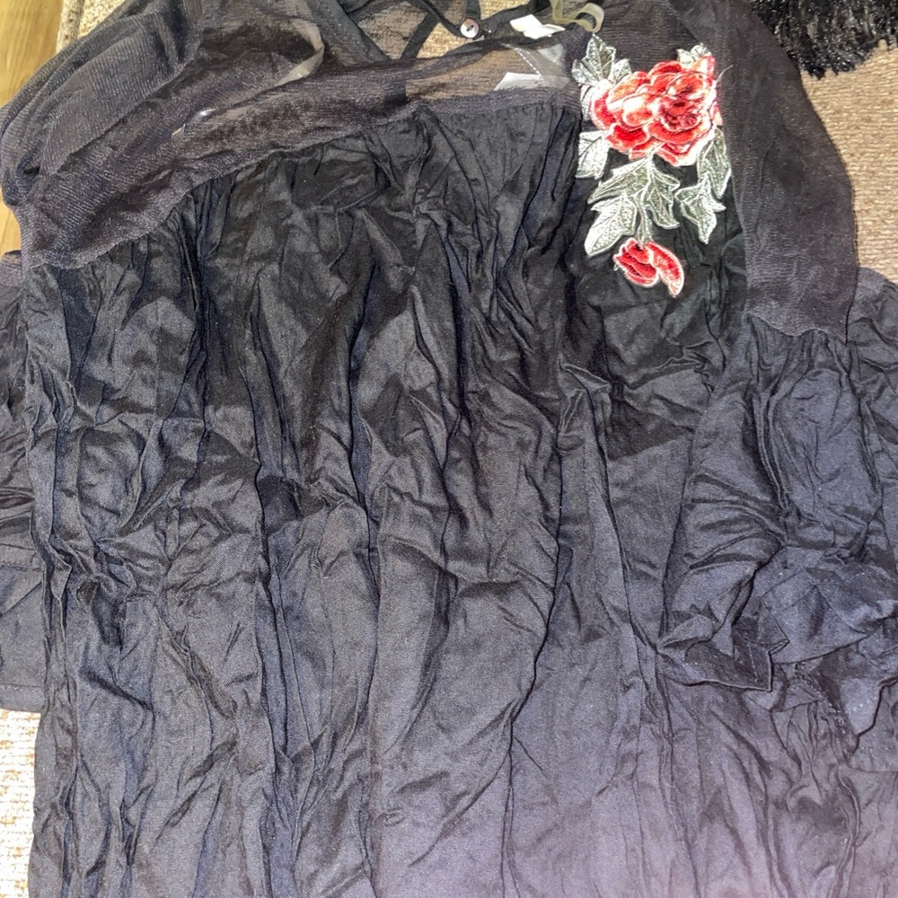 Truth Black Sheer Top with Red Floral Design